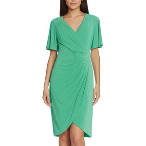 NWT Maggy London Womens Midi Dress Size 8 Green Faux Wrap Draped V Neck